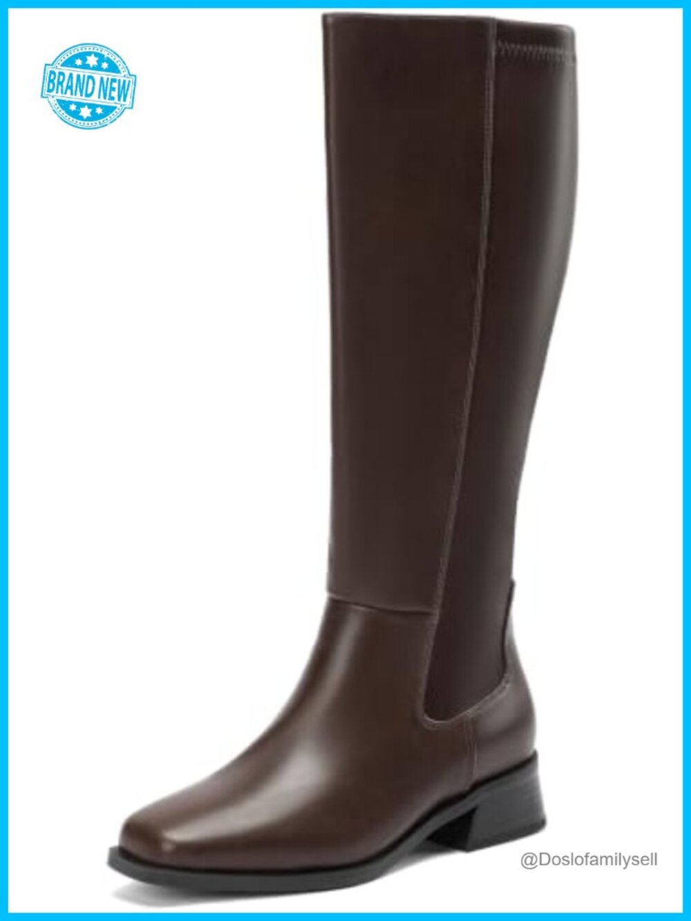 Wide Calf Knee High Boots Square Toe Low Block Heel Faux Leather